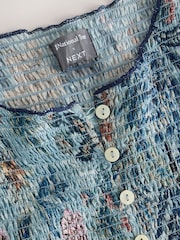 Blue Floral Print National Trust x Next Shirred Mesh Long Sleeve Button Through Top - Image 8 of 9