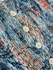 Blue Floral Print National Trust x Next Shirred Mesh Long Sleeve Button Through Top - Image 9 of 9