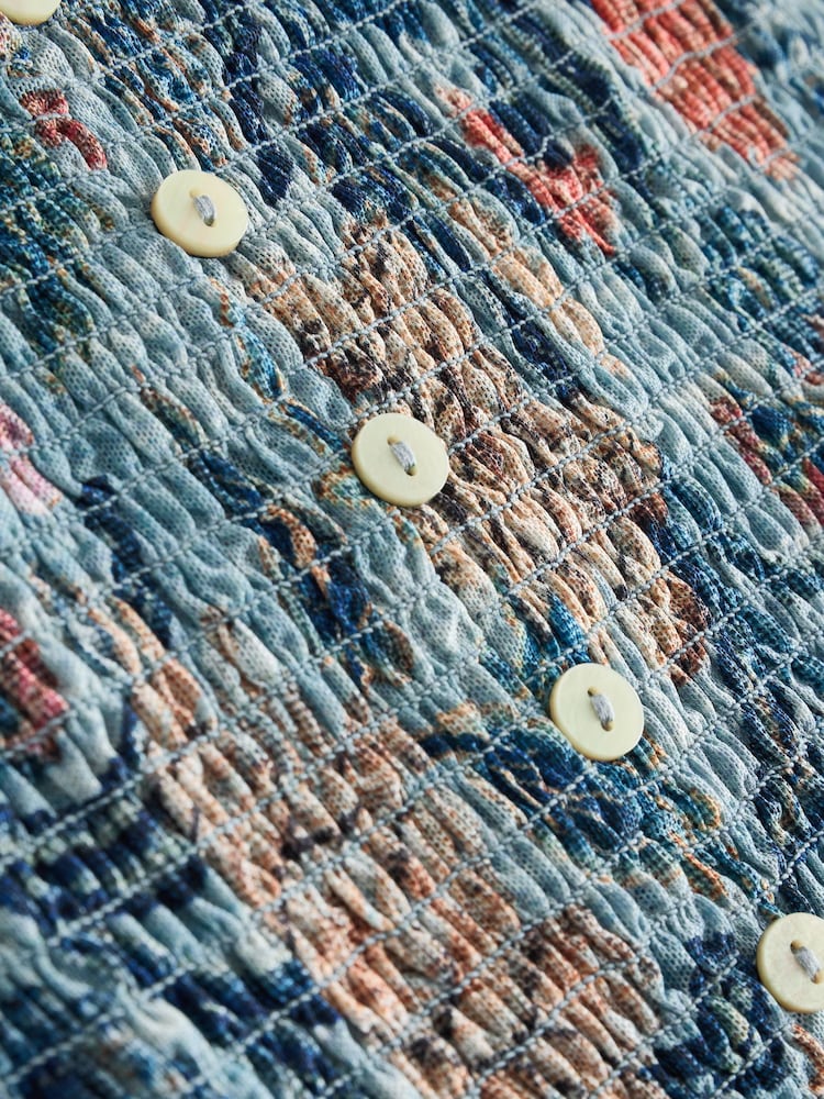 Blue Floral Print National Trust x Next Shirred Mesh Long Sleeve Button Through Top - Image 9 of 9 Blue Floral Print National Trust x Next Shirred Mesh Long Sleeve Button Through Top - Image 9 of 9