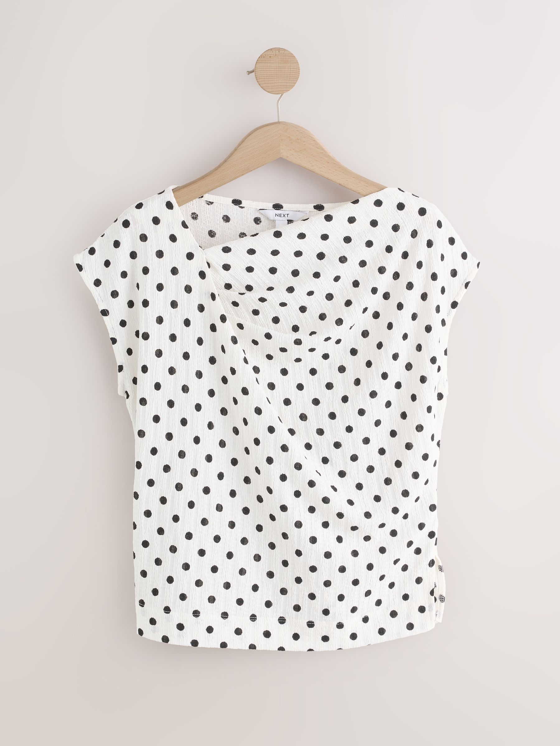 Buy Ecru/Black Polka Dot Asymmetric Pleated Drape Short Sleeve Top