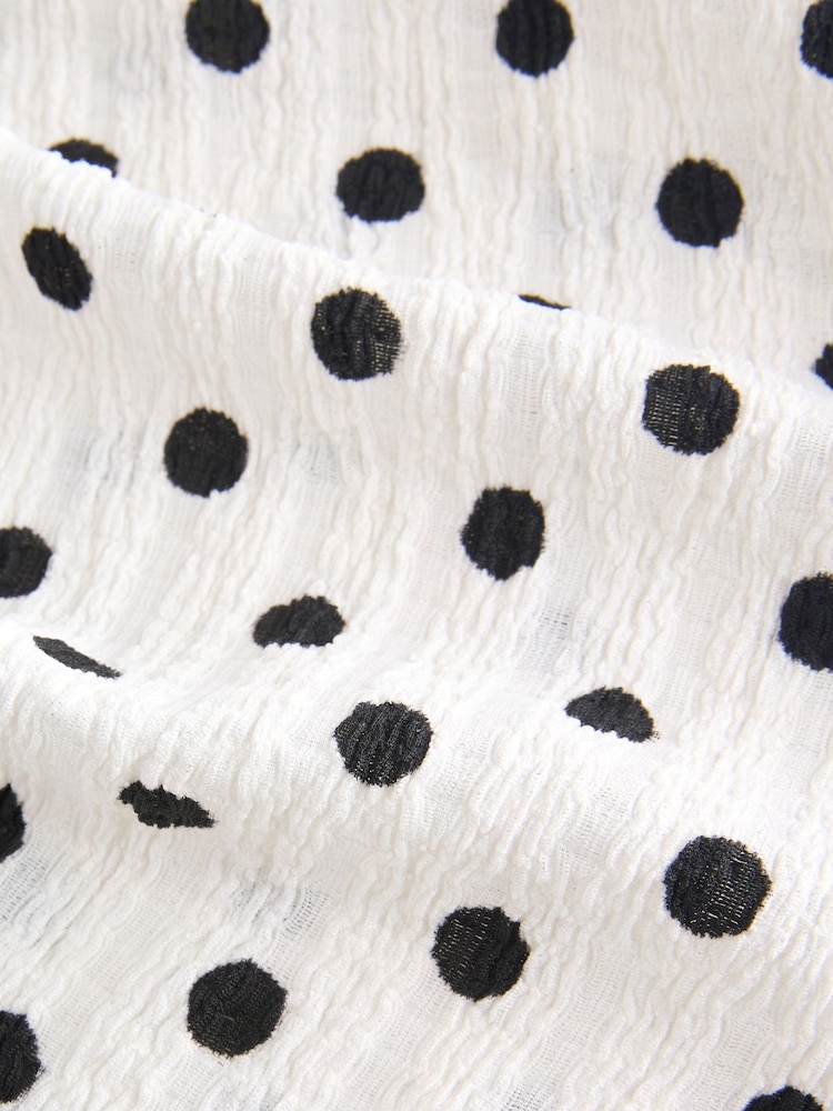 Black/Ecru Polka Dot Asymmetric Pleated Drape Short Sleeve Top - Image 8 of 8 Black/Ecru Polka Dot Asymmetric Pleated Drape Short Sleeve Top - Image 8 of 8