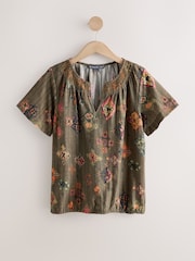 Khaki Print National Trust x Next Sleeve Notch Neck Bubblehem T-Shirt - Image 6 of 8