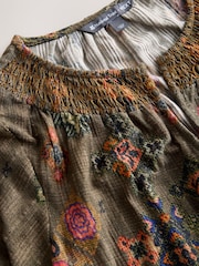 Khaki Print National Trust x Next Sleeve Notch Neck Bubblehem T-Shirt - Image 7 of 8