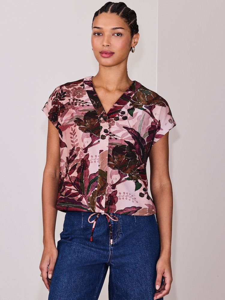 Pink Palm Print V-Neck Short Sleeved Tie Waist Top - Image 1 of 9 Pink Palm Print V-Neck Short Sleeved Tie Waist Top - Image 1 of 9