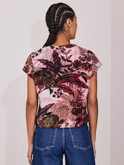 Pink Palm Print V-Neck Short Sleeved Tie Waist Top - Image 4 of 9