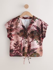 Pink Palm Print V-Neck Short Sleeved Tie Waist Top - Image 6 of 9