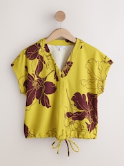 Green Floral Print V-Neck Short Sleeved Tie Waist Top - Image 1 of 3