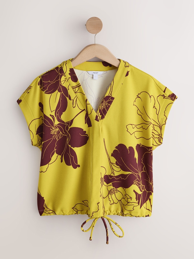 Green Floral Print V-Neck Short Sleeved Tie Waist Top - Image 1 of 3