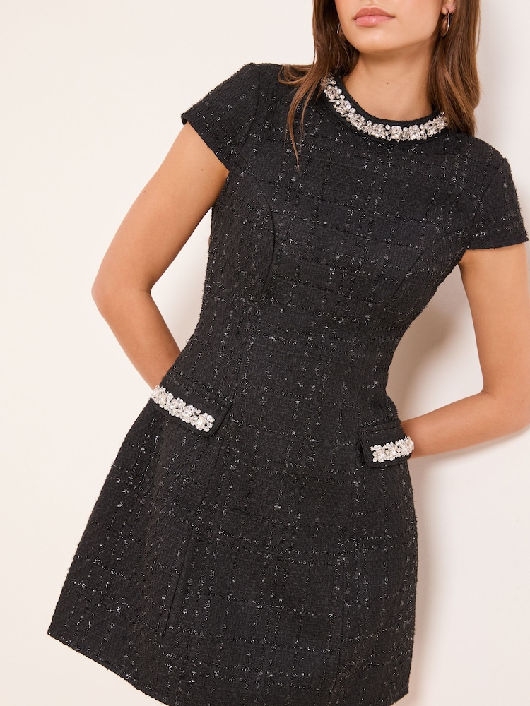 Lipsy Black Boucle Pearl Trim High Neck Mini Dress - Image 2 of 4 Lipsy Black Boucle Pearl Trim High Neck Mini Dress - Image 2 of 4