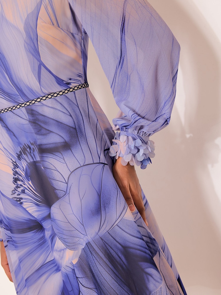 blue floral long sleeve midi dress Blue Planet | Printed Notched Lantern Sleeve Midi Dress
