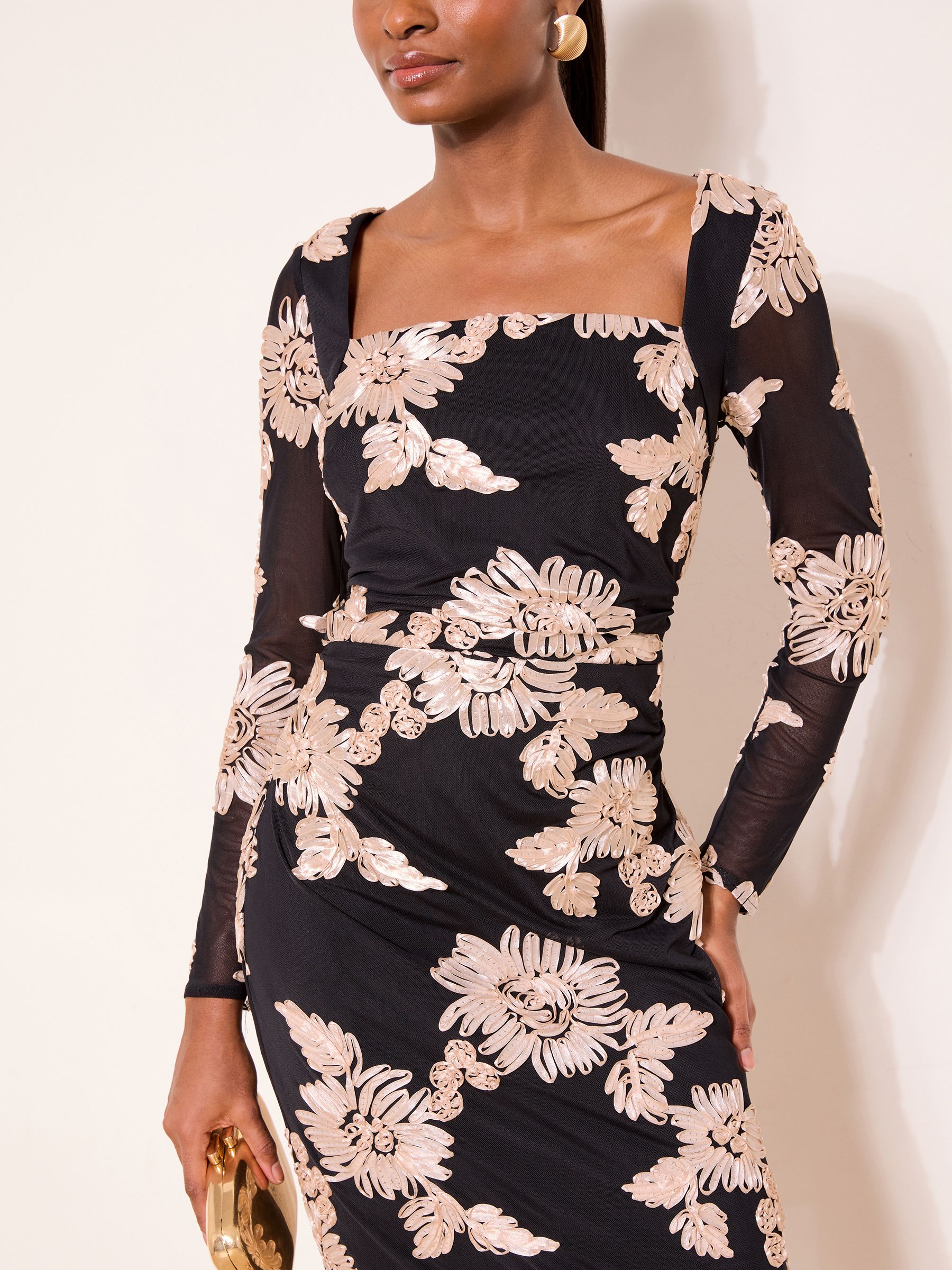 Buy Lipsy Black Square Neck Floral Long Sleeve Bodycon Mesh Midi