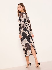 Lipsy Black Sqaure Neck Rose Long Sleeve Bodycon Midi Dress - Image 4 of 4