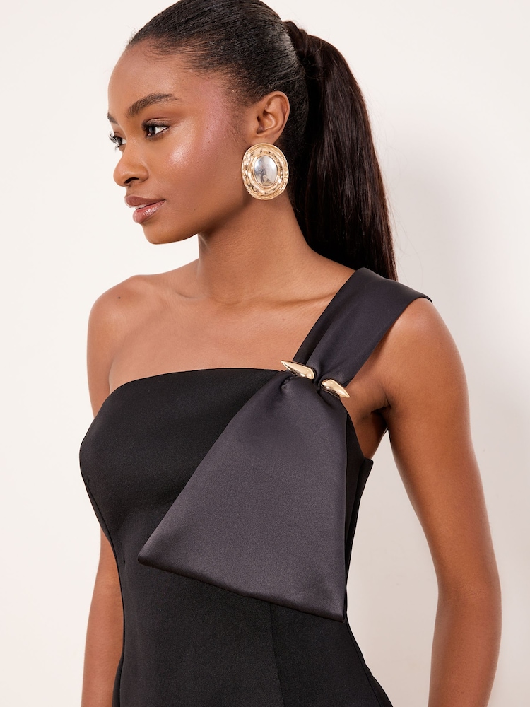 Lipsy Black One Shoulder Asym Bow Bodycon Midi Dress - Image 2 of 4 Lipsy Black One Shoulder Asym Bow Bodycon Midi Dress - Image 2 of 4