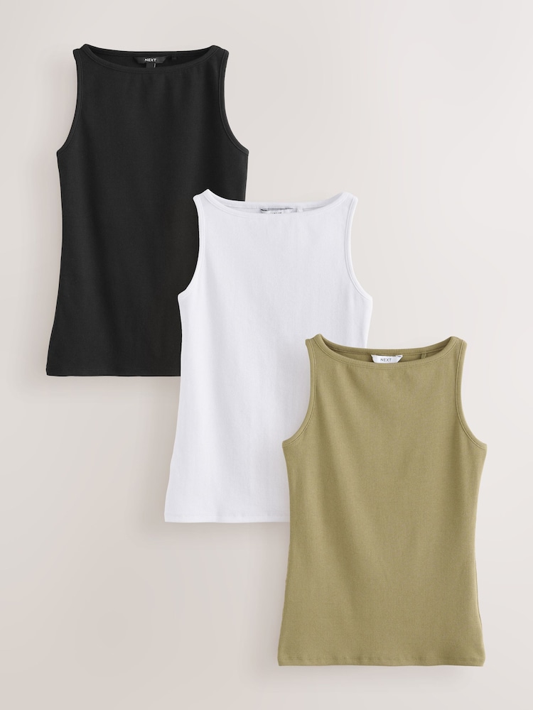 Khaki Green Cotton Rich Boat Neck Vests 3 Pack - Image 1 of 6