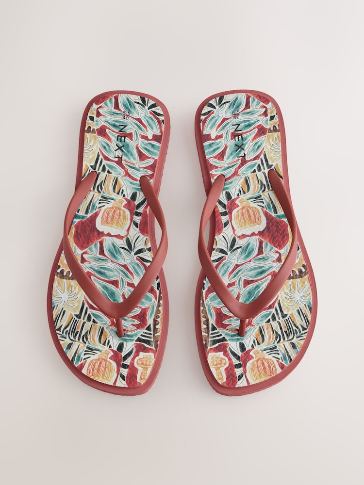 Red Printed Square Toe Flip Flops - Image 1 of 5