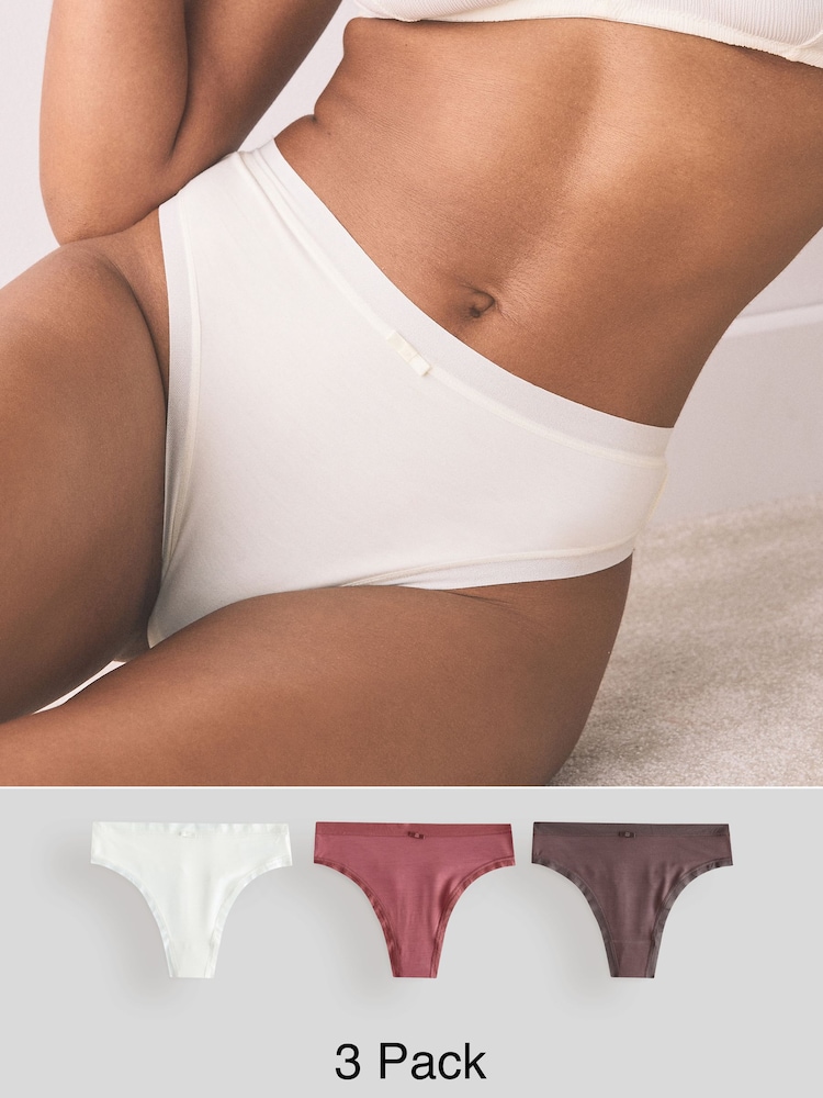Berry Red High Waisted Thong Modal and Mesh Knickers 3 Pack - Image 1 of 10