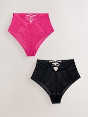 Black/Pink High Waist Lace Front Strappy Knickers 2 Pack - Image 1 of 5
