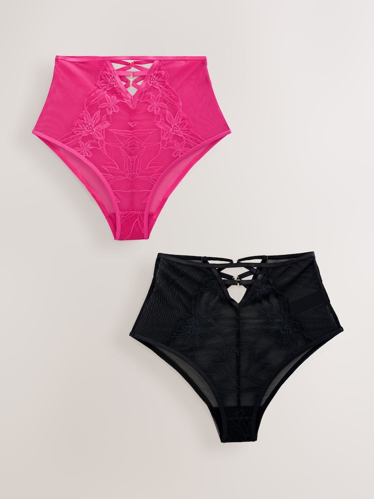 Black/Pink High Waist Lace Front Strappy Knickers 2 Pack - Image 1 of 5