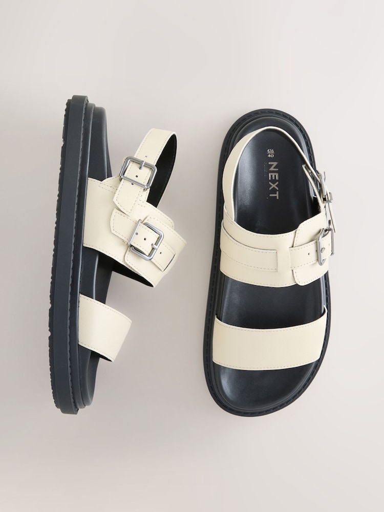 Ecru White Buckle Detail Chunky Footbed Sandals - Image 1 of 5 Ecru White Buckle Detail Chunky Footbed Sandals - Image 1 of 5