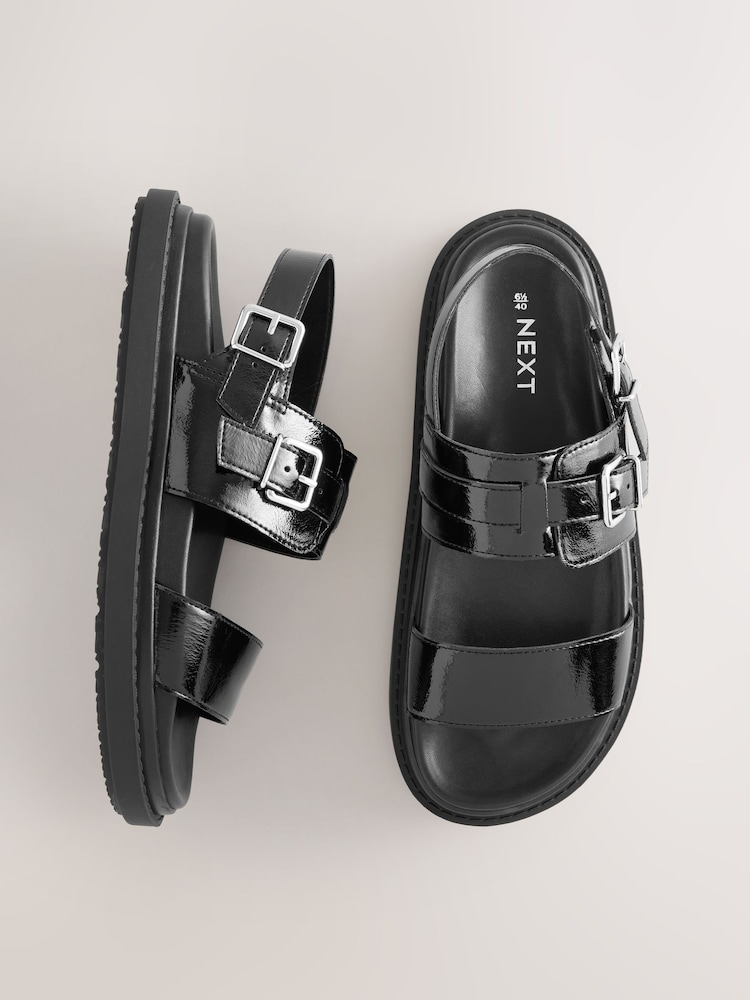 Black Patent Buckle Detail Chunky Footbed Sandals - Image 1 of 2 Black Patent Buckle Detail Chunky Footbed Sandals - Image 1 of 2