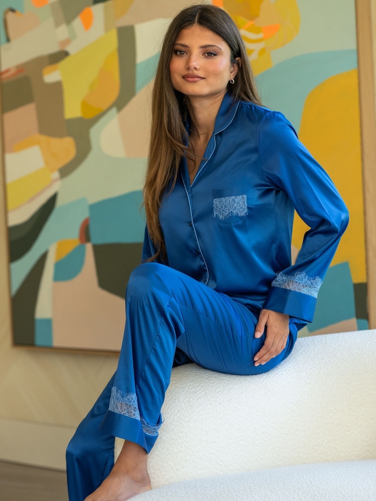 Pour Moi Blue Dusk Satin and Lace Cuban Collar Pyjamas Set - Image 1 of 4