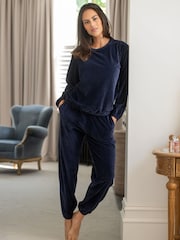 Pour Moi Blue Ribbed Cosy Fleece Lounge Pyjamas Set - Image 1 of 4