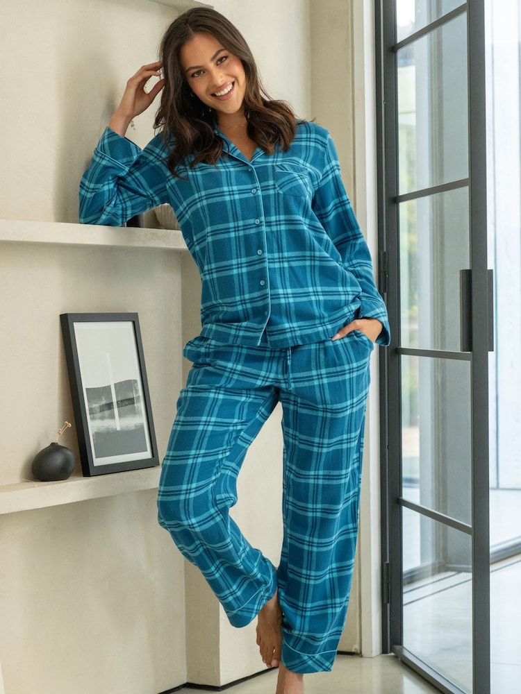 Pour Moi Blue Cosy Check Brushed Cotton Pyjamas Gift Set - Image 1 of 4