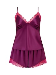 Pour Moi Red Dusk Satin Lace Trim Cami and Shorts - Image 3 of 4