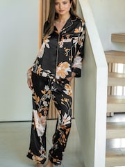 Pour Moi Black Dusk Printed Satin Revere Collar Pyjamas Set - Image 1 of 4