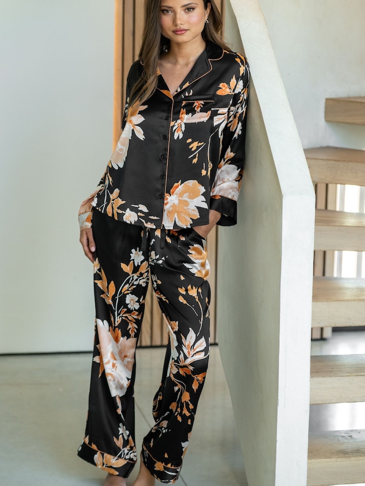 Pour Moi Black Dusk Printed Satin Revere Collar Pyjamas Set - Image 1 of 4
