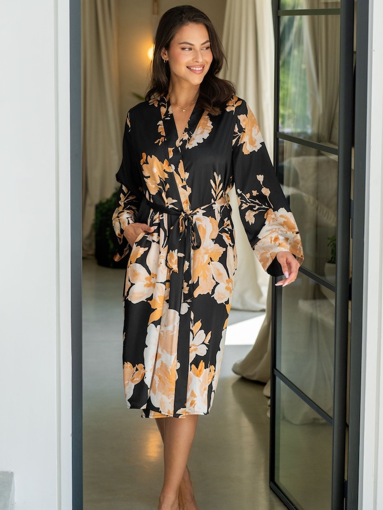 Pour Moi Black Dusk Printed Satin Midi Dressing Gown - Image 1 of 4