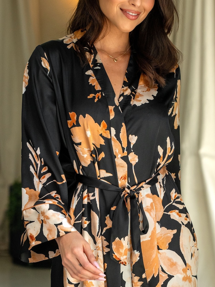 Pour Moi Black Dusk Printed Satin Midi Dressing Gown - Image 2 of 4