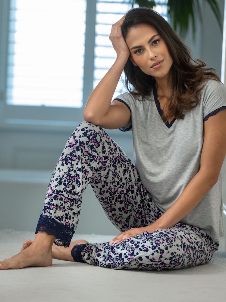 Pour Moi Grey Sofa Loves Lace T-Shirt and Trousers Pyjamas Set - Image 1 of 4