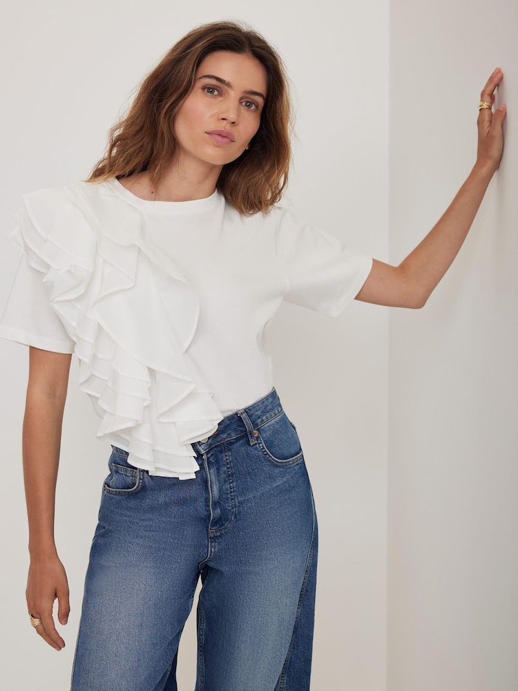 Mint Velvet White Cotton Frill T-Shirt - Image 1 of 7 Mint Velvet White Cotton Frill T-Shirt - Image 1 of 7