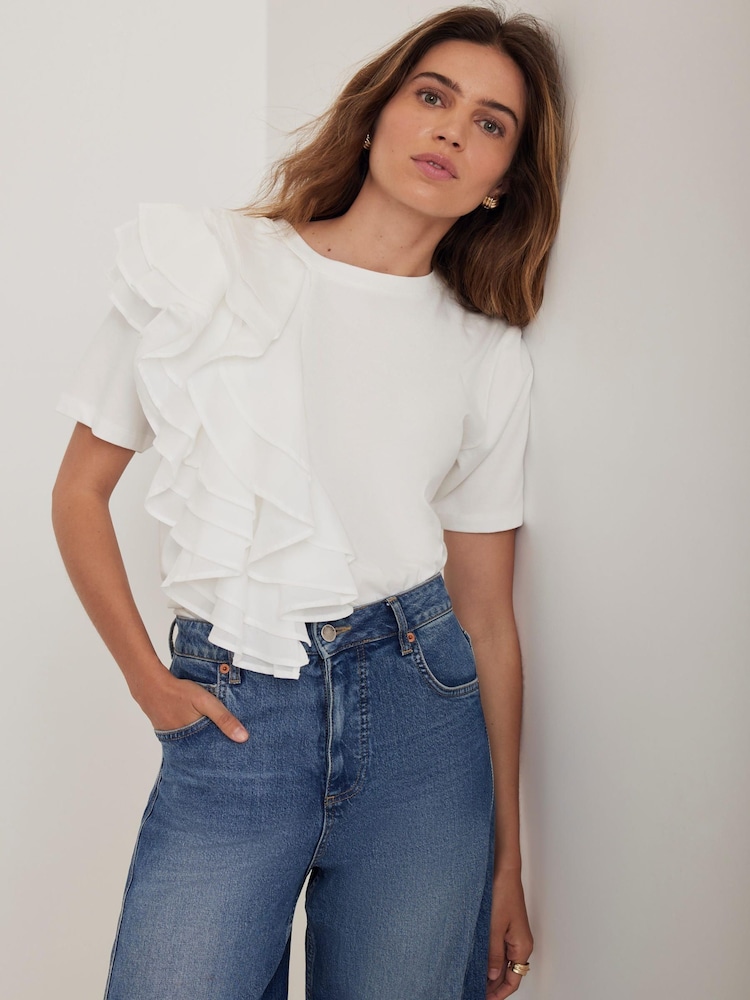 Mint Velvet White Cotton Frill T-Shirt - Image 2 of 7 Mint Velvet White Cotton Frill T-Shirt - Image 2 of 7