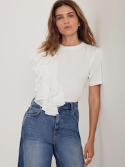 Mint Velvet White Cotton Frill T-Shirt - Image 5 of 7