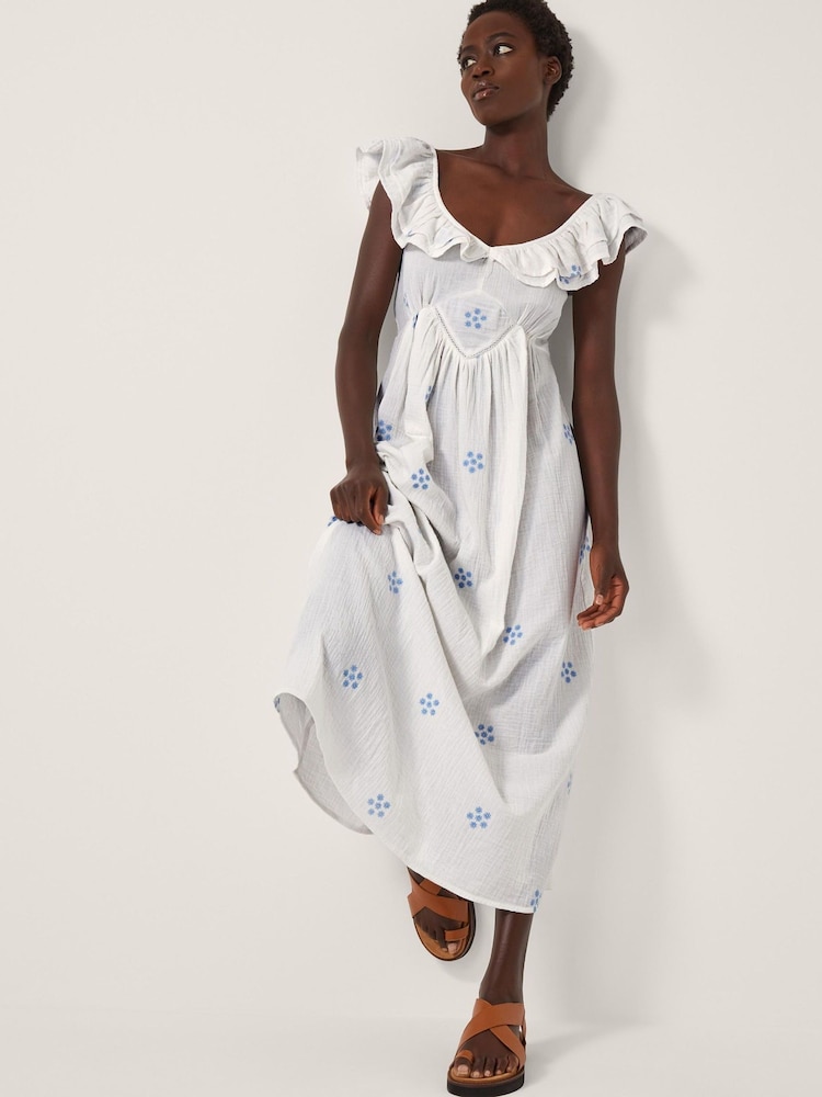Monsoon White Daisy Frill Embroidered Midi Dress - Image 1 of 4