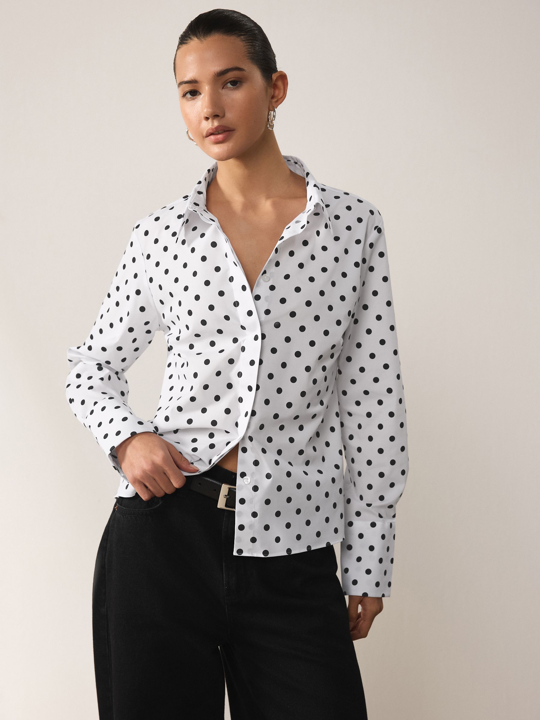 Buy White/Black Polka Dot Fitted Stretch Essential Long Sleeve