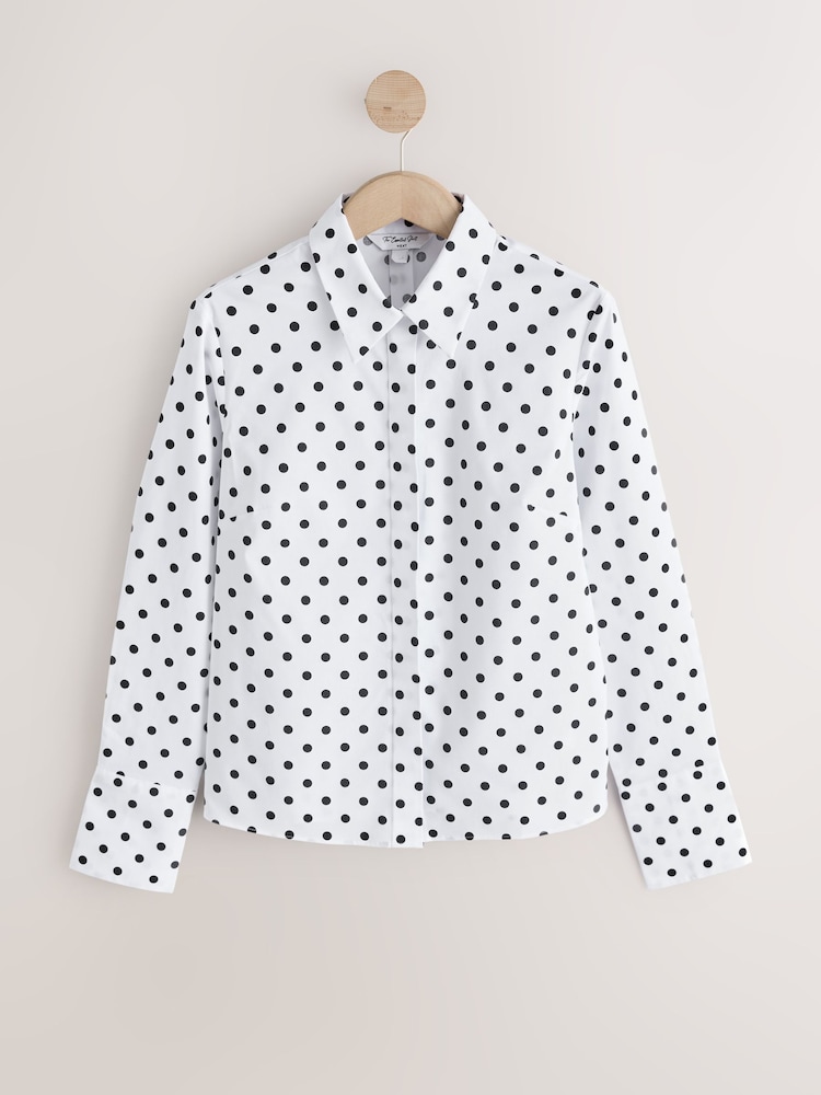 White/Black Polka Dot Fitted Stretch Essential Long Sleeve Shirt - Image 1 of 3 White/Black Polka Dot Fitted Stretch Essential Long Sleeve Shirt - Image 1 of 3