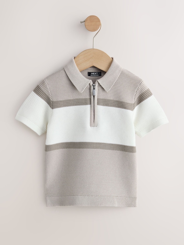 Neutral Colourblock Knitted Zip Neck Polo Shirt (3mths-7yrs) - Image 1 of 4