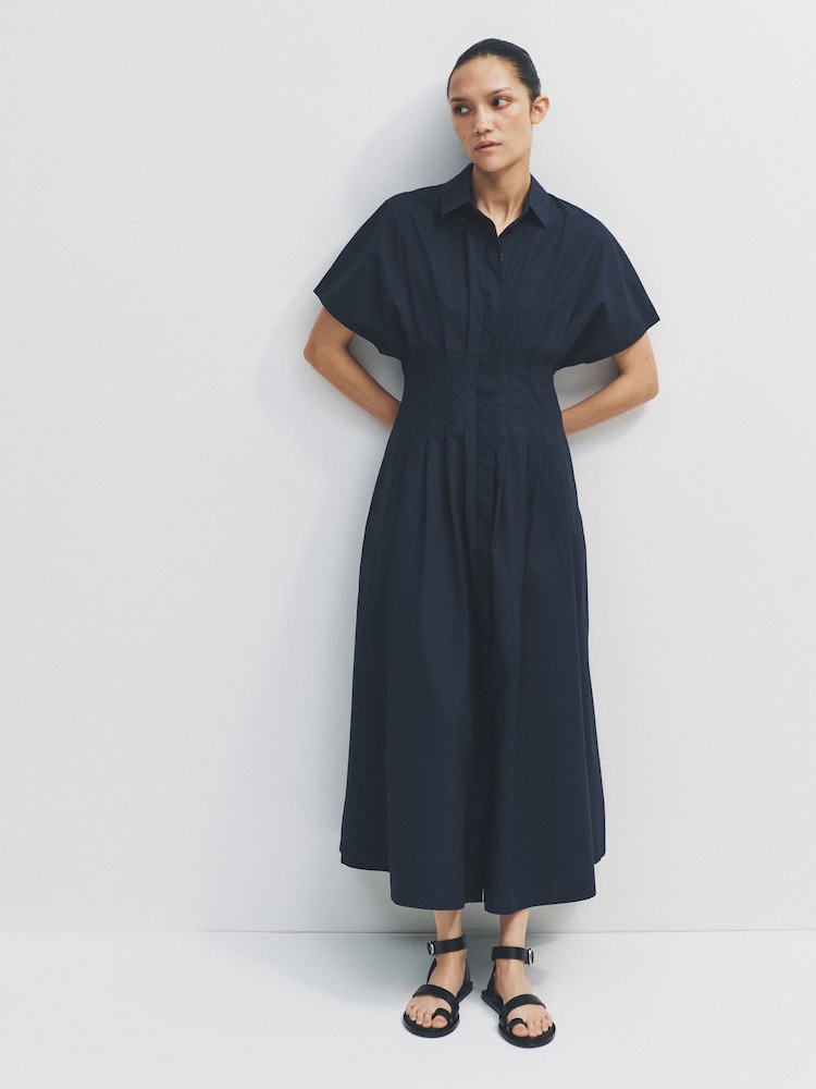 The Set Pleated Front Short Sleeve Maxi Dress Navy - Image 1 of 6