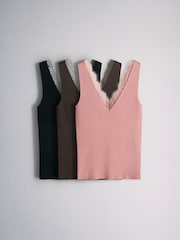 The Set 3 Pack V-Neck Lace Trim Vests Black/Chocolate Brown/Pink - Image 1 of 6