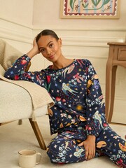 Love & Roses Navy Print Jersey Long Sleeve Pyjamas Set - Image 1 of 5