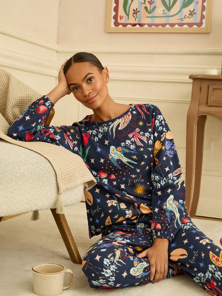 Love & Roses Navy Print Jersey Long Sleeve Pyjamas Set - Image 1 of 5