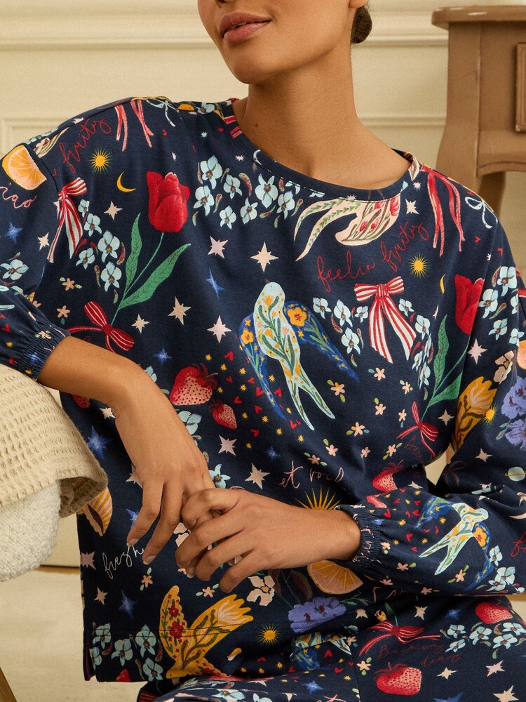 Love & Roses Navy Print Jersey Long Sleeve Pyjamas Set - Image 2 of 5