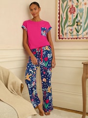 Love & Roses Magenta Pink And Blue Short Sleeve Printed Bottom Jersey Pyjamas Set - Image 1 of 4