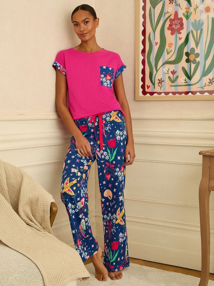 Love & Roses Magenta Pink And Blue Short Sleeve Printed Bottom Jersey Pyjamas Set - Image 1 of 4