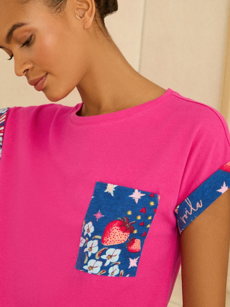 Love & Roses Magenta Pink And Blue Short Sleeve Printed Bottom Jersey Pyjamas Set - Image 2 of 4