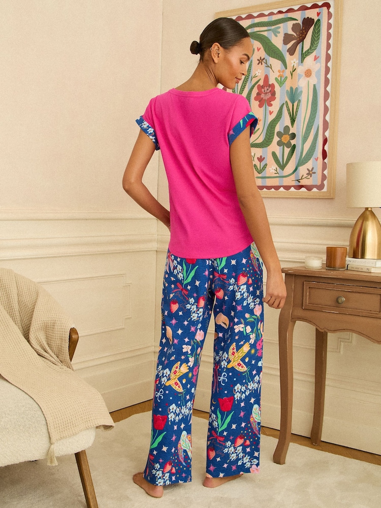 Love & Roses Magenta Pink And Blue Short Sleeve Printed Bottom Jersey Pyjamas Set - Image 4 of 4