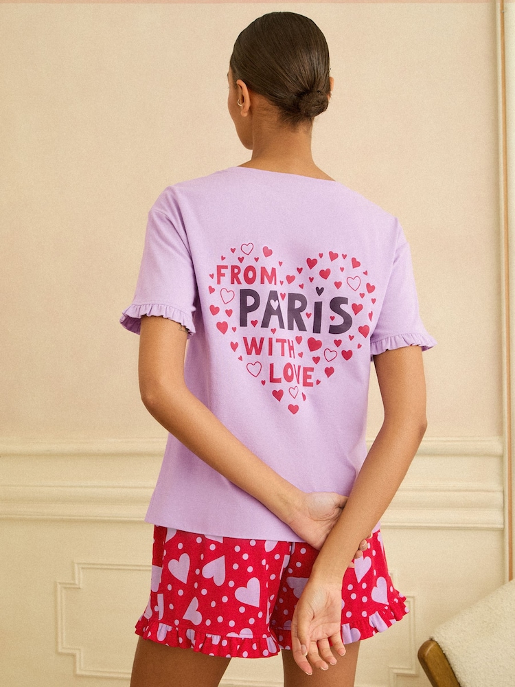Love & Roses Purple And Red Heart Slogan Frill Pyjamas Set - Image 2 of 4
